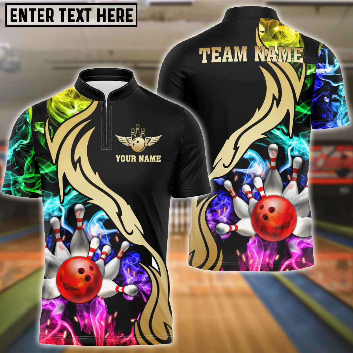 Bowling And Pins Black Multicolor Golden Smoke Pattern Personalized Name, Team Name Unisex Shirt
