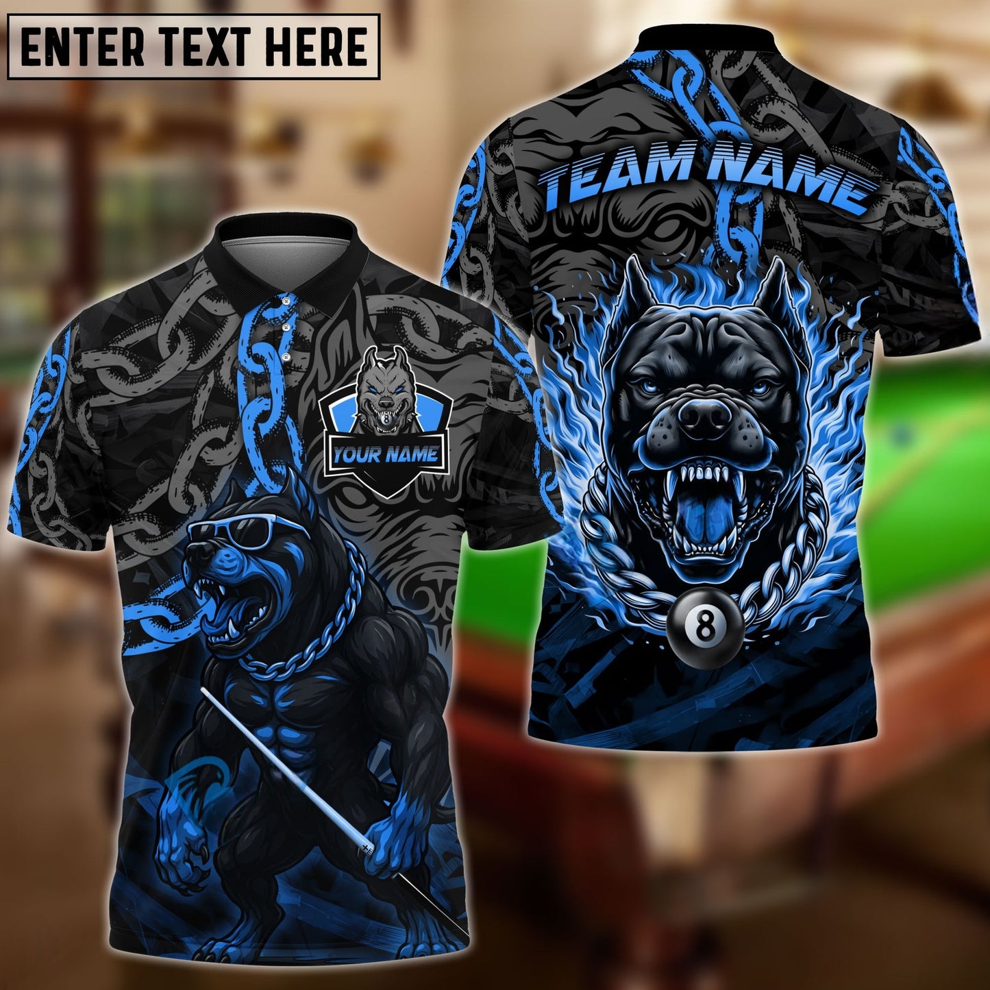 Billiards 8-Ball Pitbull Flame Chain Personalized Name Shirt