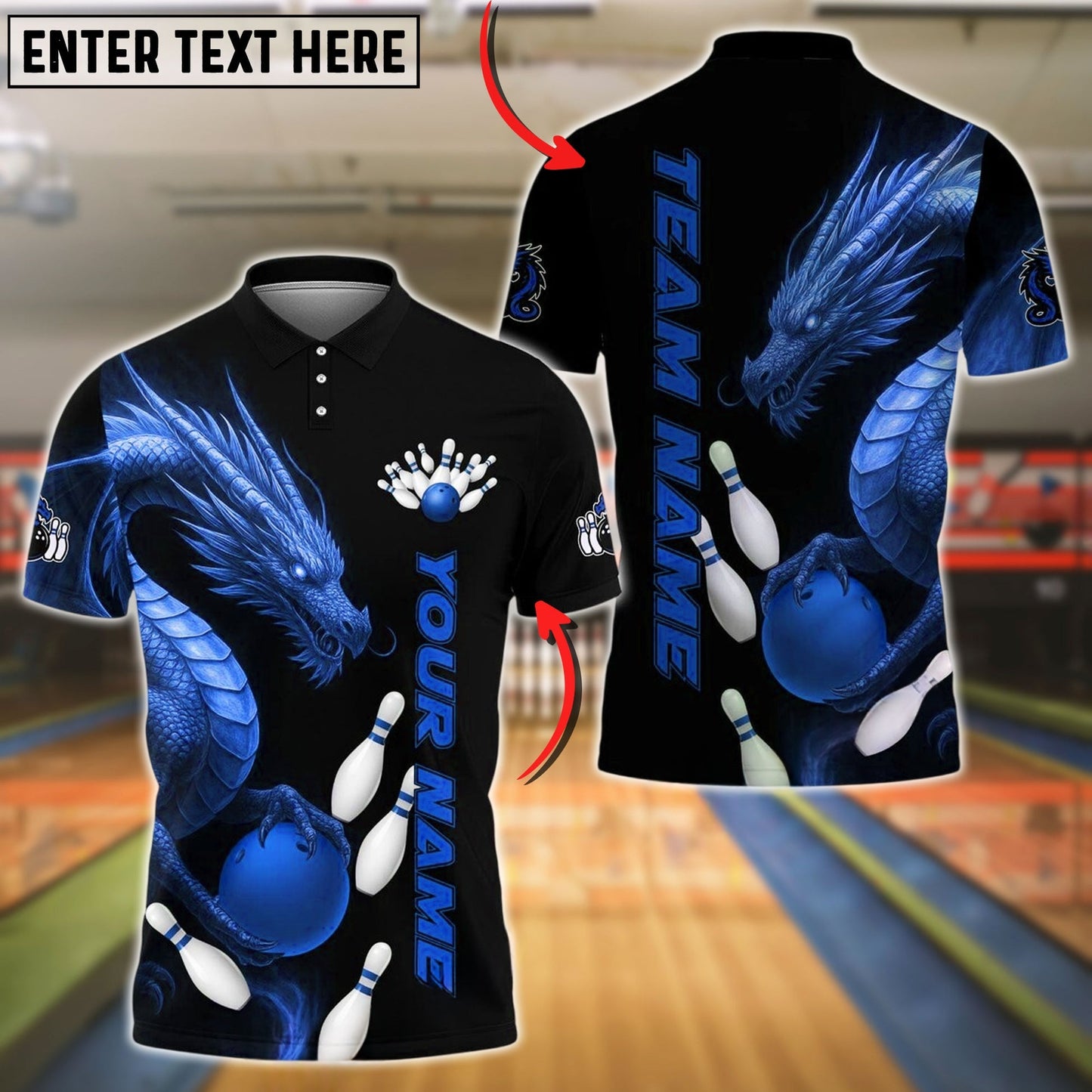 Bowling And Pins Dragon Black Design Customized Name, Team Name 3D Shirt (4 Colors)