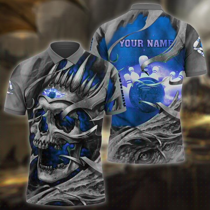 Bowling Skull Pattern Multicolor Customized Name 3D Polo Shirt, Personalized Shirts For Bowling Players