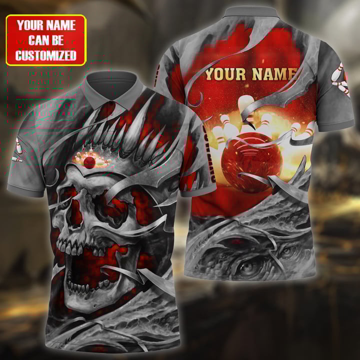 Bowling Skull Pattern Multicolor Customized Name 3D Polo Shirt, Personalized Shirts For Bowling Players