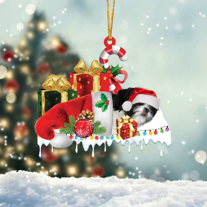 BLACK AND WHITE SHIH TZU MERRY CHRISTMAS HANGING ORNAMENT