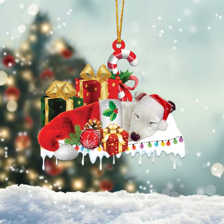 WHITE STAFFIE MERRY CHRISTMAS HANGING ORNAMENT