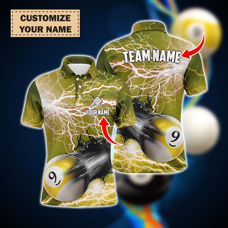 Custom 9 Ball Pool Thunder Lightning Polo Shirt For Men, Funny Yellow Billiard Jersey, Best Pool Team Outfit, Player Gift Shirt.