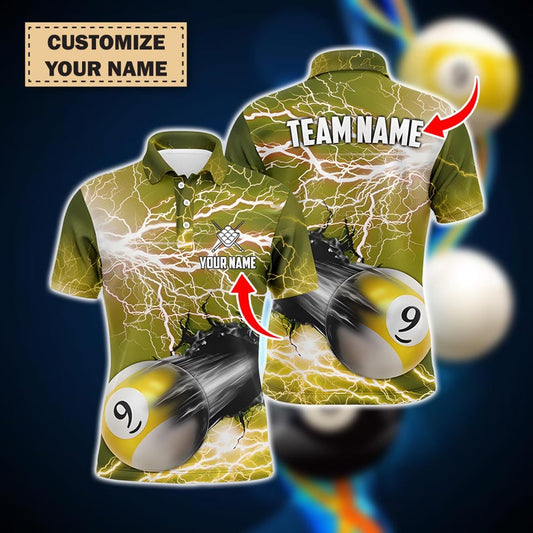 Custom 9 Ball Pool Thunder Lightning Polo Shirt For Men, Funny Yellow Billiard Jersey, Best Pool Team Outfit, Player Gift Shirt.