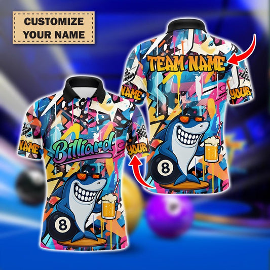 Colorful Graffiti Shark 8 Ball Billiard Shirt For Men, Funny Custom Pool Jersey, Best Billiard Team Outfit, Player Gift Shirt.
