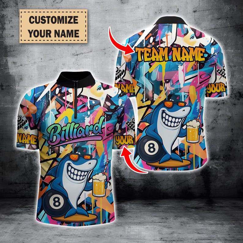 Colorful Graffiti Shark 8 Ball Billiard Shirt For Men, Funny Custom Pool Jersey, Best Billiard Team Outfit, Player Gift Shirt.