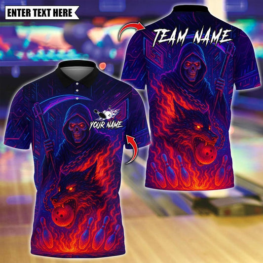 Custom Bowling Polo Shirt, Flame Grim Reaper With Fire Wolf Design, Personalized Bowling Polo for Men Women, Personalized Name Team 3D Shirt