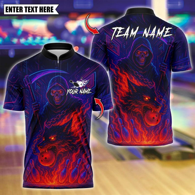 Custom Bowling Polo Shirt, Flame Grim Reaper With Fire Wolf Design, Personalized Bowling Polo for Men Women, Personalized Name Team 3D Shirt