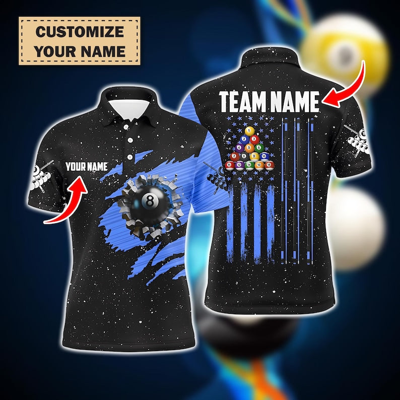 Customized Grunge American Flag 8 Ball Pool Polo Shirt For Men, Patriotic Billiard Jersey, Pool Player Gift, Team Gift Outfit.