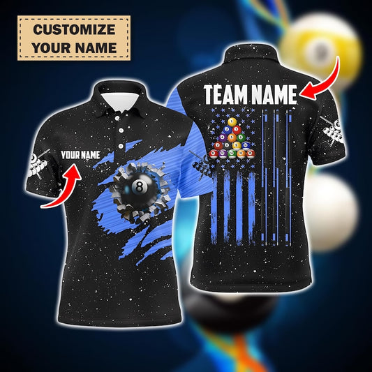 Customized Grunge American Flag 8 Ball Pool Polo Shirt For Men, Patriotic Billiard Jersey, Pool Player Gift, Team Gift Outfit.