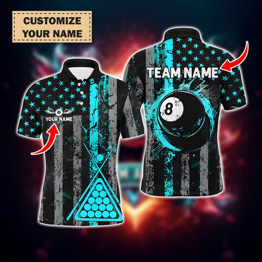 Custom Turquoise Grunge American Flag Billiard Shirt, Retro 8 Ball Pool Jersey, Patriotic Pool Shirt For Men, Pool Billiard Jersey.