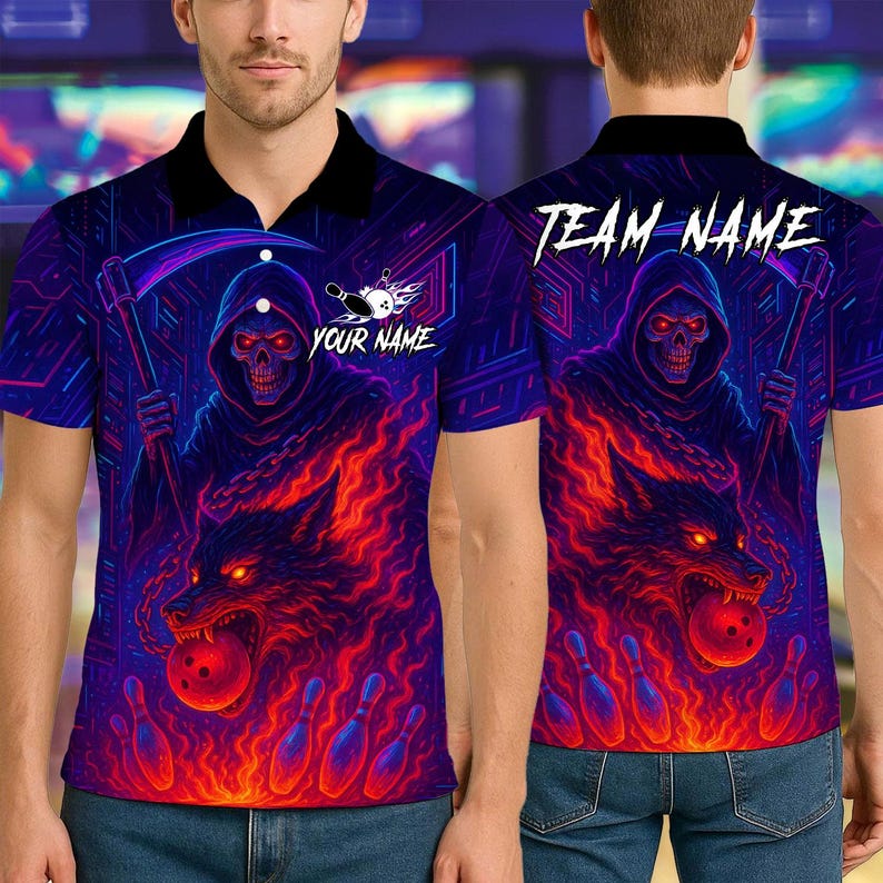 Custom Bowling Polo Shirt, Flame Grim Reaper With Fire Wolf Design, Personalized Bowling Polo for Men Women, Personalized Name Team 3D Shirt