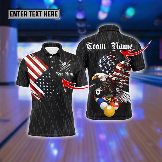 American Flag Eagle Billiards Polo Shirt, Custom Name Men’s Polo & Zip Pool Jersey, Patriotic Retro Sportswear Team Shirt.