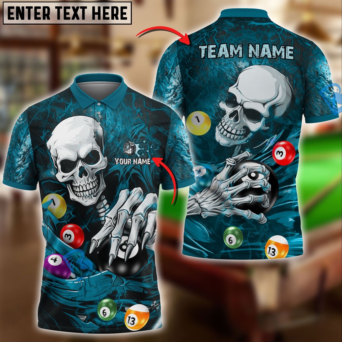 Billiards Ball 8 Skull Lightning Personalized Name & Team Name Shirt