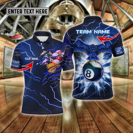 Custom Blue 3D Men’s Pool Shirt, Personalized Eagle Thunder 8 Ball Billiards Polo, Unique Billiards Team Jersey, Gift for Friends.