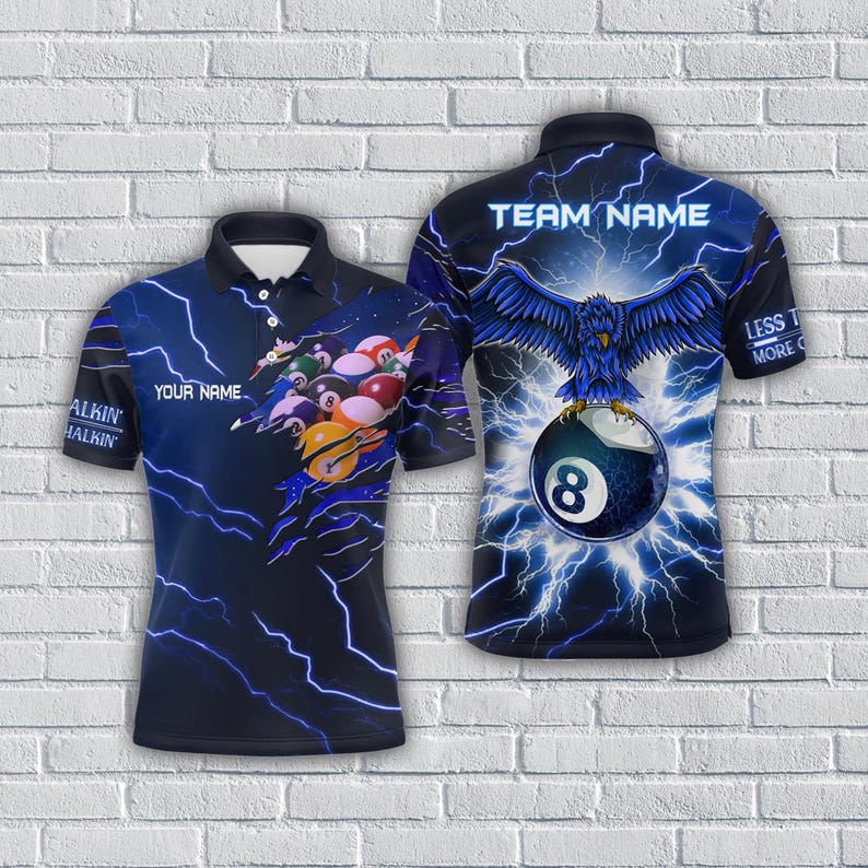 Custom Blue 3D Men’s Pool Shirt, Personalized Eagle Thunder 8 Ball Billiards Polo, Unique Billiards Team Jersey, Gift for Friends.