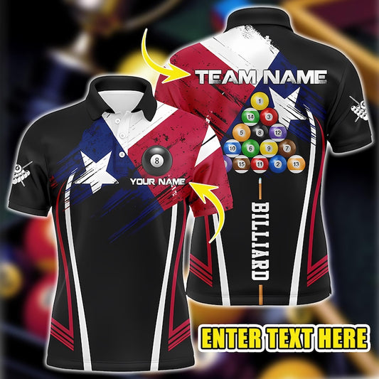 Personalized Texas Billiard Polo Shirt, Custom Men’s Polo Shirt with Name & Team – Cool 8 Ball Pool Shirt, Gift for Players.