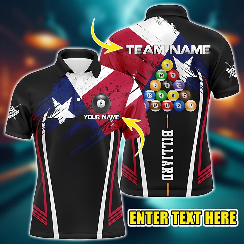Personalized Texas Billiard Polo Shirt, Custom Men’s Polo Shirt with Name & Team – Cool 8 Ball Pool Shirt, Gift for Players.