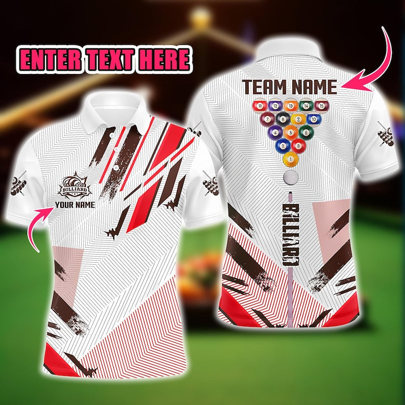 Custom Billiards Tournament Polo Shirt for Men, Personalized Multi-Color Pool Jersey, Team Cue Sports Uniform, 8 Ball Billiard Gift.