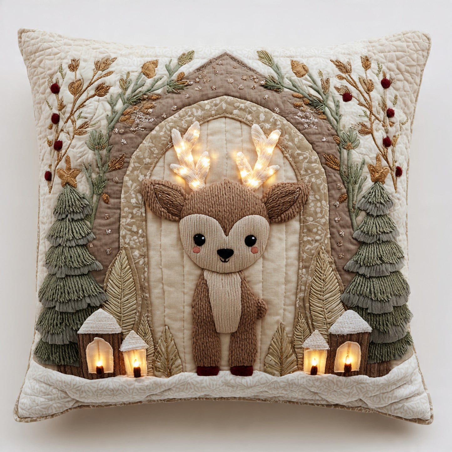 Light-Up Antler Reindeer Quilted Pillow — LED Lanterns, Magical Christmas Decor