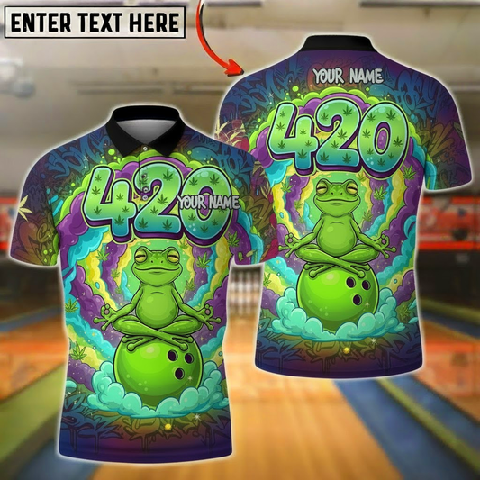Bowling Polo Shirt, Frog Meditating on Cloud Bowling Ball, Bright Psychedelic Swirls, Customized Name, Team Name 3D Shirt
