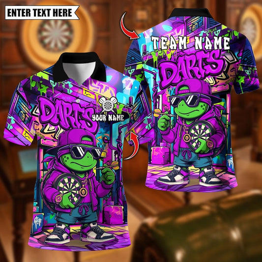 Personalized Name Dart Polo Shirt, Cool Hip-Hop Turtle With Dartboard Design ,Custom Team Shirt for Men, Gift for Darts Players
