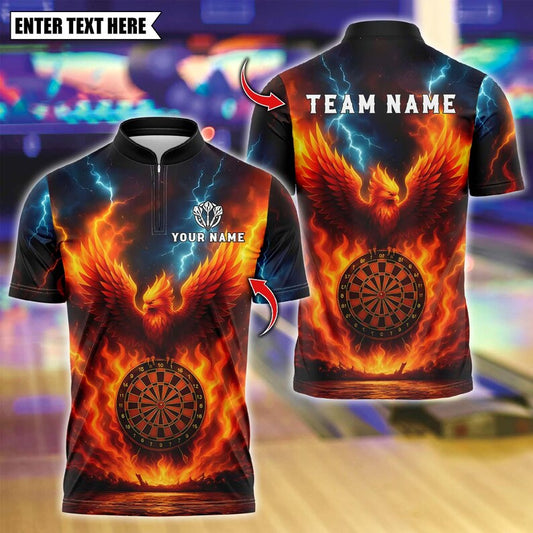 Personalized Name Dart Polo Shirt, Fire Flame Phoenix With Dartboard Design ,Custom Team Shirt for Men, Gift for Darts Players