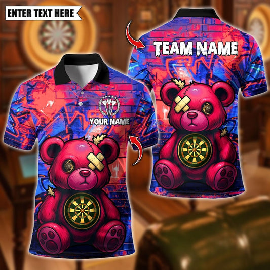Personalized Name Dart Polo Shirt, Darts Bear Graffity Design ,Custom Team Shirt for Men, Gift for Darts Players