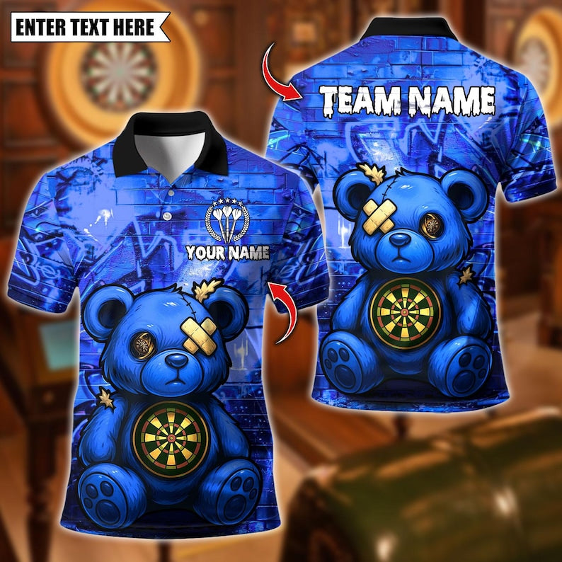 Personalized Name Dart Polo Shirt, Darts Bear Graffity Design ,Custom Team Shirt for Men, Gift for Darts Players