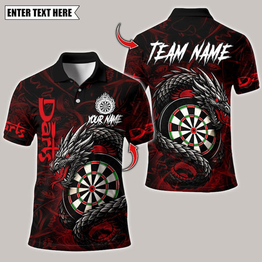 Personalized Name Dart Polo Shirt, Darts Custom Black And Blue Flame Dragon Design ,Custom Team Shirt for Men, Gift for Darts Players