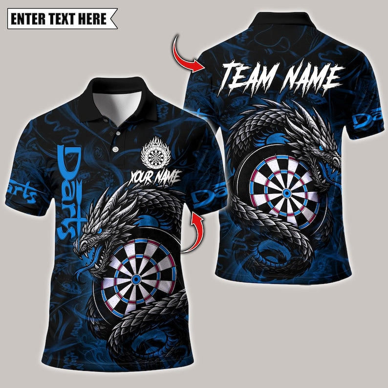 Personalized Name Dart Polo Shirt, Darts Custom Black And Blue Flame Dragon Design ,Custom Team Shirt for Men, Gift for Darts Players
