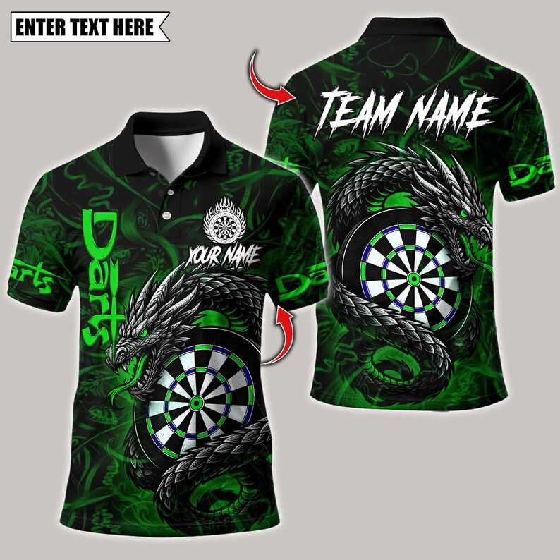 Personalized Name Dart Polo Shirt, Darts Custom Black And Blue Flame Dragon Design ,Custom Team Shirt for Men, Gift for Darts Players