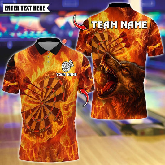 Personalized Name Dart Polo Shirt, Flame Wolf Bullseye With Dartboard Design ,Custom Team Shirt for Men, Gift for Darts Players