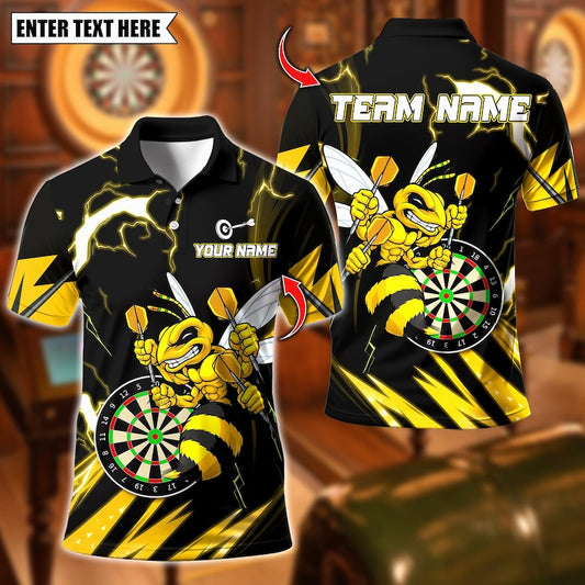 Personalized Name Dart Polo Shirt, Yellow Hornet Power With Thunder Dartboard Design ,Custom Team Shirt for Men, Gift for Darts Players