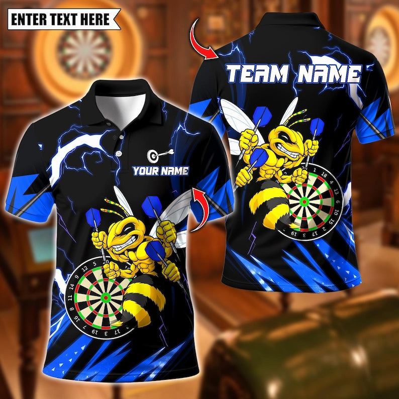 Personalized Name Dart Polo Shirt, Yellow Hornet Power With Thunder Dartboard Design ,Custom Team Shirt for Men, Gift for Darts Players