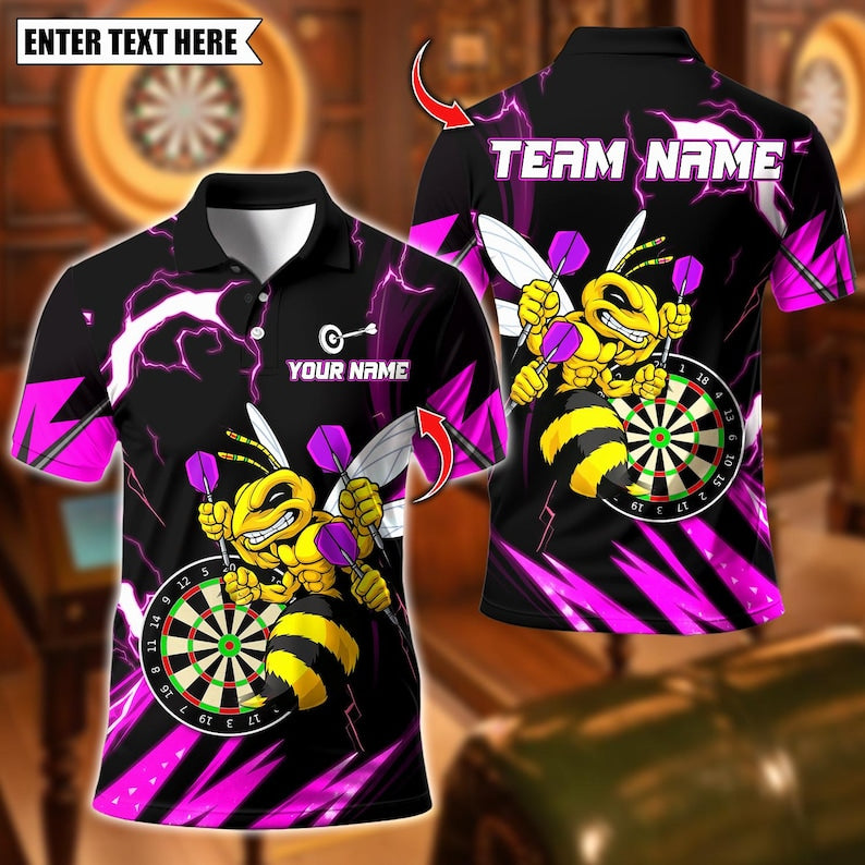Personalized Name Dart Polo Shirt, Yellow Hornet Power With Thunder Dartboard Design ,Custom Team Shirt for Men, Gift for Darts Players