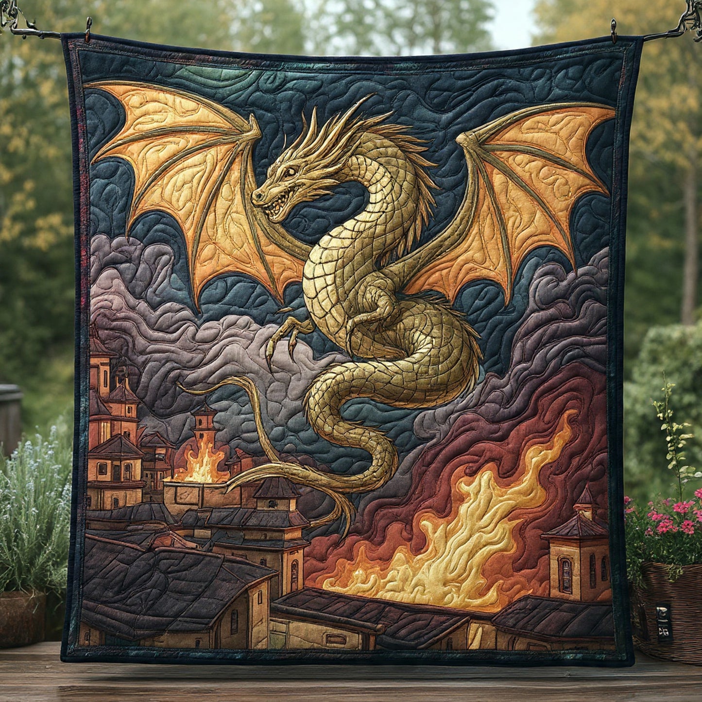 Golden Sky Wyrm Over Burning City Dragon Quilt