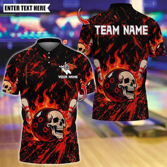 Custom Bowling Polo Shirt, Flame Skull Bowling Design, Personalized Bowling Polo for Men Women, Personalized Name Team 3D Shirt