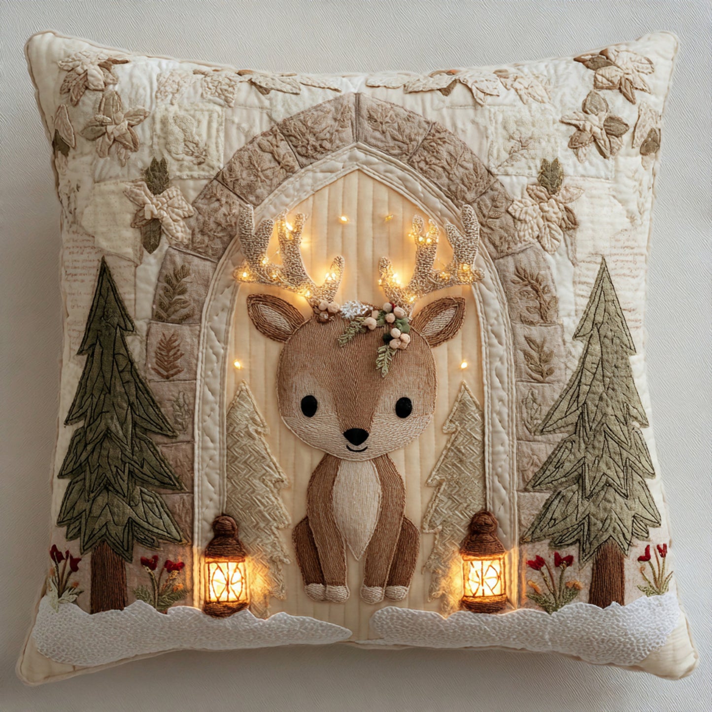 Cozy Woodland Reindeer LED Light-Up Quilted Pillow Cover – Winter Rustic Decor