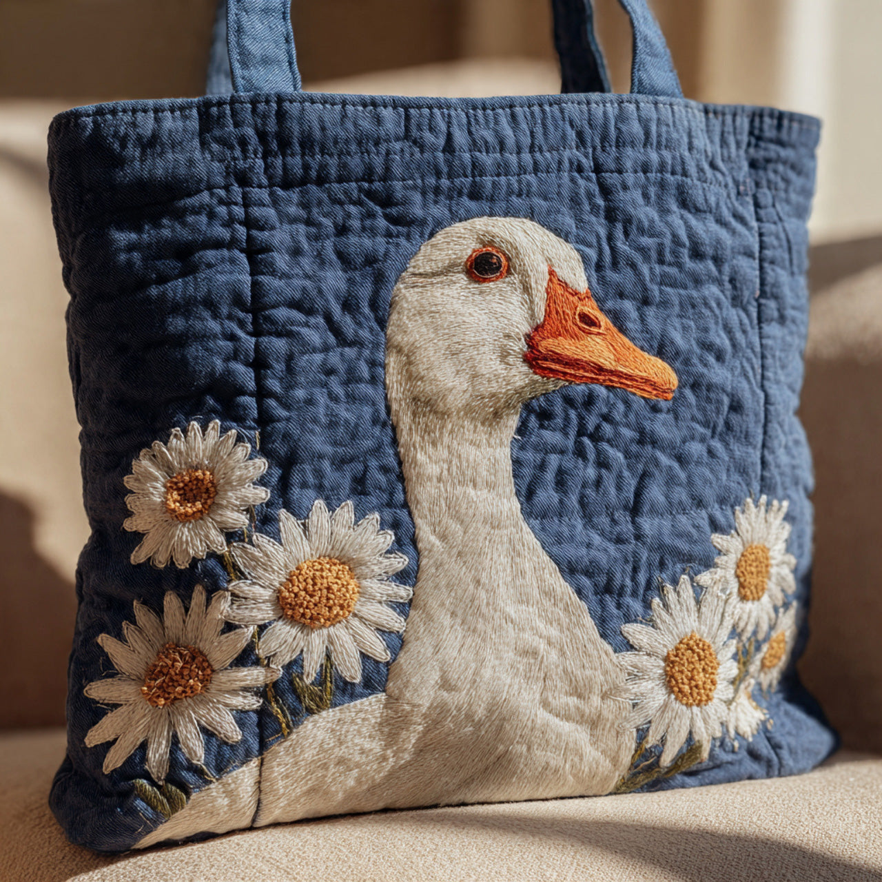 Embroidered Daisy Goose Quilted Tote