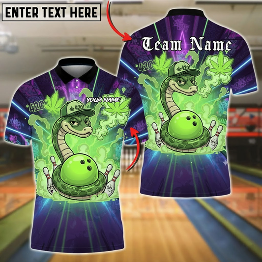 Bowling Polo Shirt, Cartoon Snake with Cap and Bowling Ball, Neon Green Smoke Effect, Customized Name, Team Name 3D Shirt