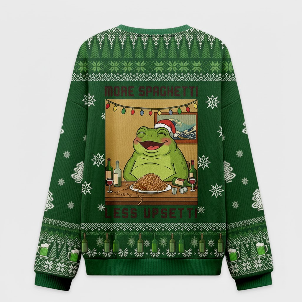 🐸 More Spaghetti Less Upsetti Frog Sweater – Funny Meme Ugly Christmas Jumper