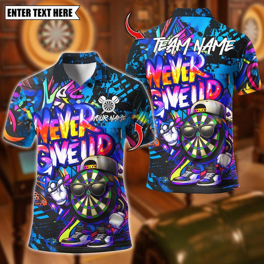 Personalized Name Dart Polo Shirt, Graffiti Darts Funny Never Give Up Design ,Custom Team Shirt for Men, Gift for Darts Players