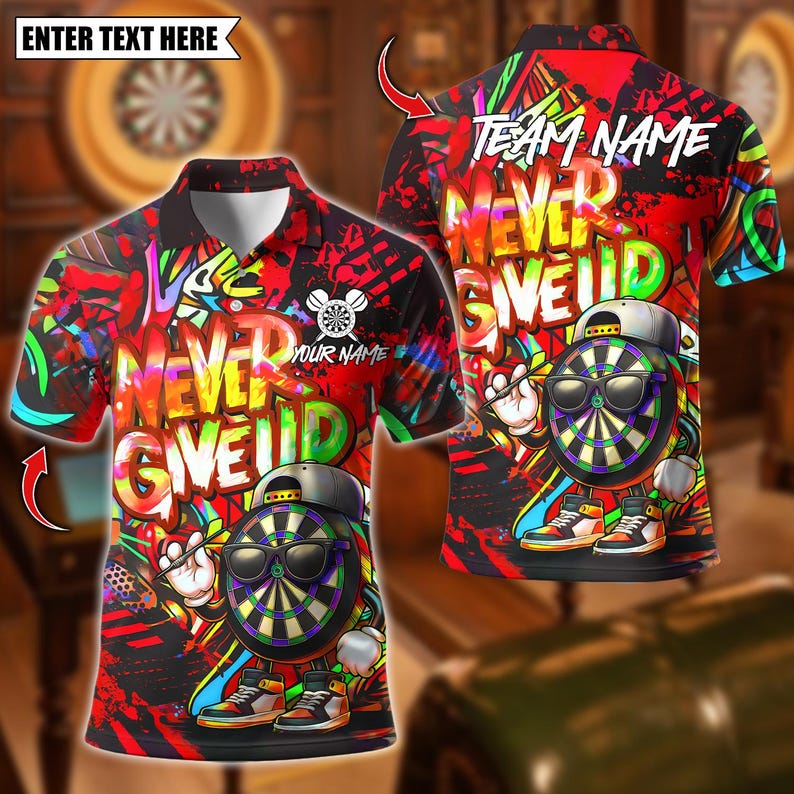 Personalized Name Dart Polo Shirt, Graffiti Darts Funny Never Give Up Design ,Custom Team Shirt for Men, Gift for Darts Players