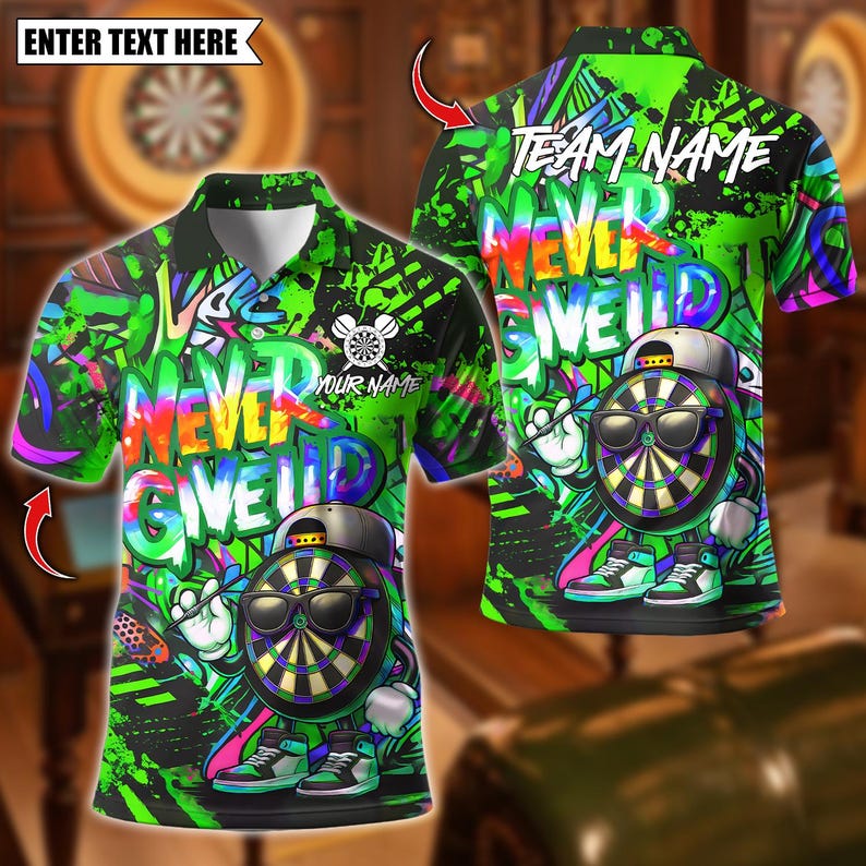 Personalized Name Dart Polo Shirt, Graffiti Darts Funny Never Give Up Design ,Custom Team Shirt for Men, Gift for Darts Players