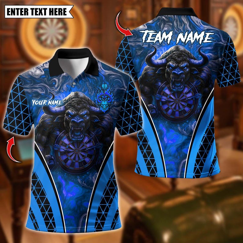 Personalized Name Dart Polo Shirt, Fire Bull Darts Design ,Custom Team Shirt for Men, Gift for Darts Players