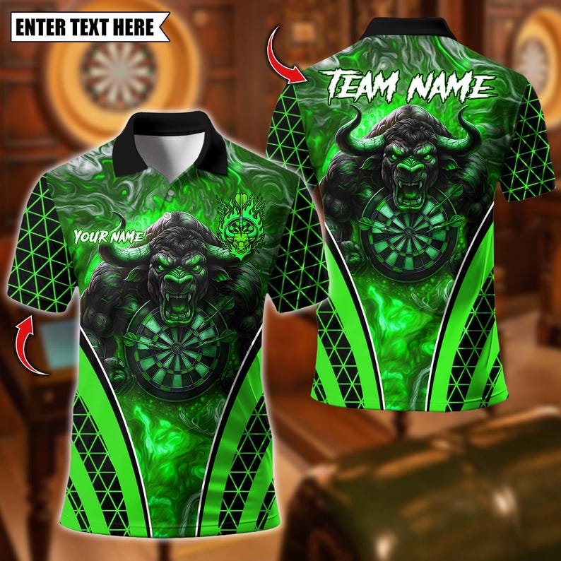 Personalized Name Dart Polo Shirt, Fire Bull Darts Design ,Custom Team Shirt for Men, Gift for Darts Players
