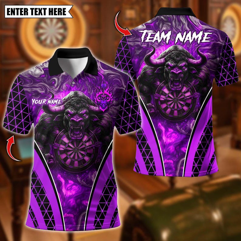 Personalized Name Dart Polo Shirt, Fire Bull Darts Design ,Custom Team Shirt for Men, Gift for Darts Players