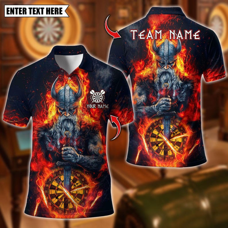 Personalized Name Dart Polo Shirt, Flame Viking Warrior With Dartboard Design ,Custom Team Shirt for Men, Gift for Darts Players